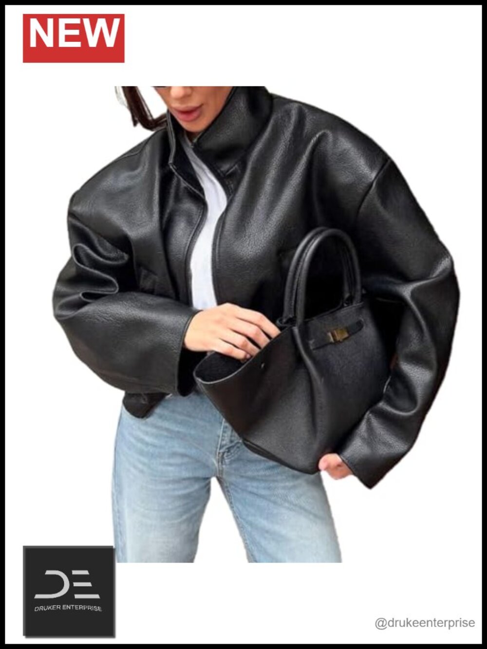 Faux Leather Jacket Womens Zipper Stand Collar Motorcycle Bomber Fall Winter